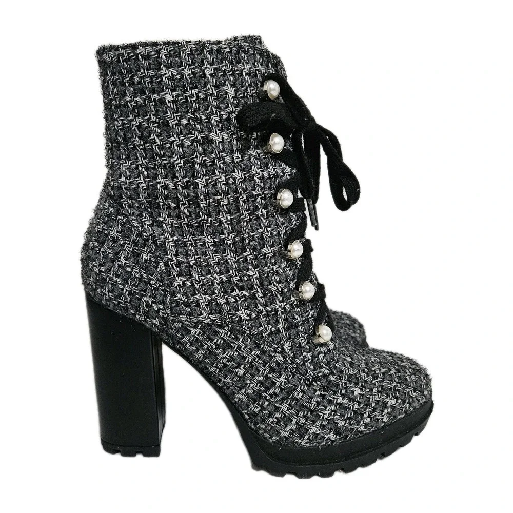 Just Fab Platform Lug Boots Women 7.5 Black Shandee Pearl Tweed Lace Up Gothic